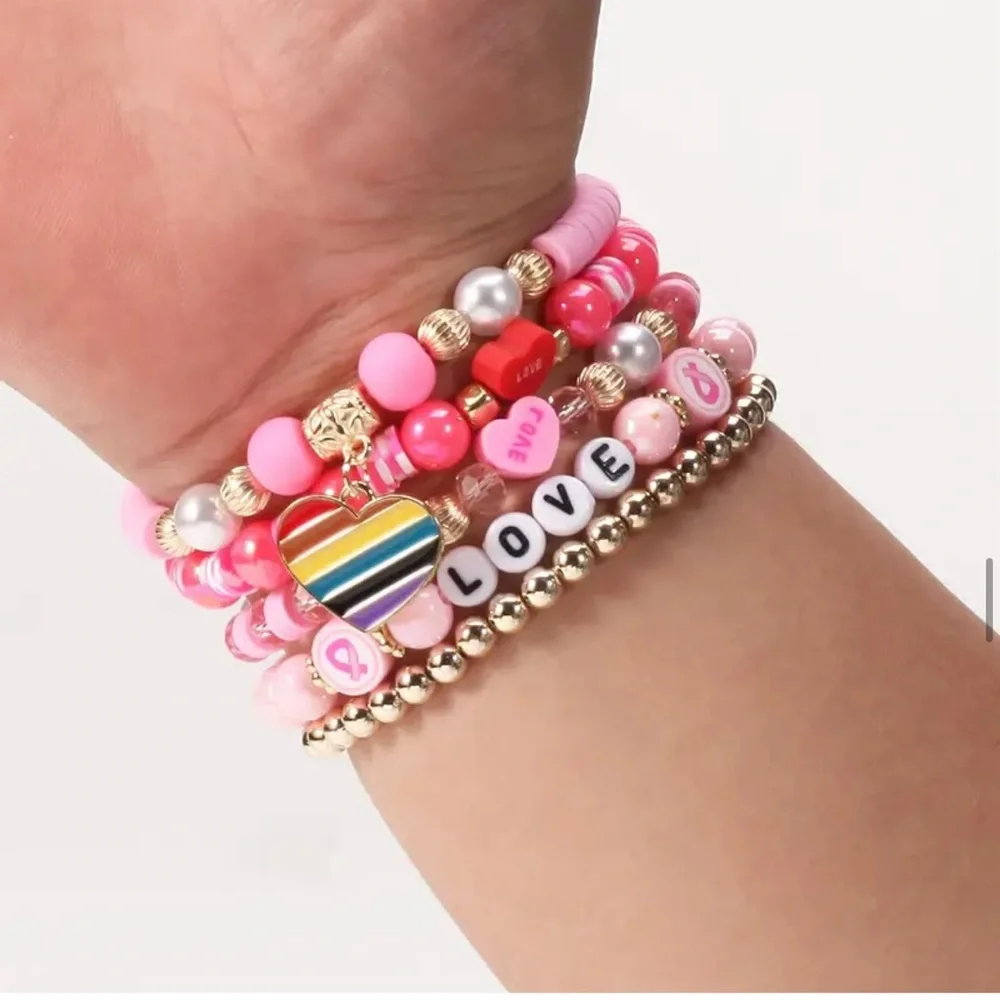 NWT! Fashion Jewelry 5 pink and gold beaded stackable stretch bracelets